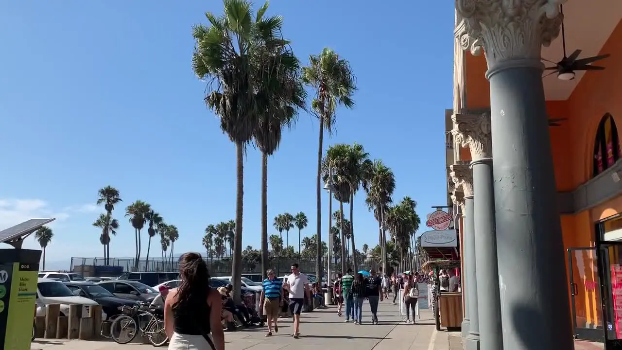 People walking by the famous Venice Beach Boardwalk in Southern California lined with Southern California's iconic palm trees