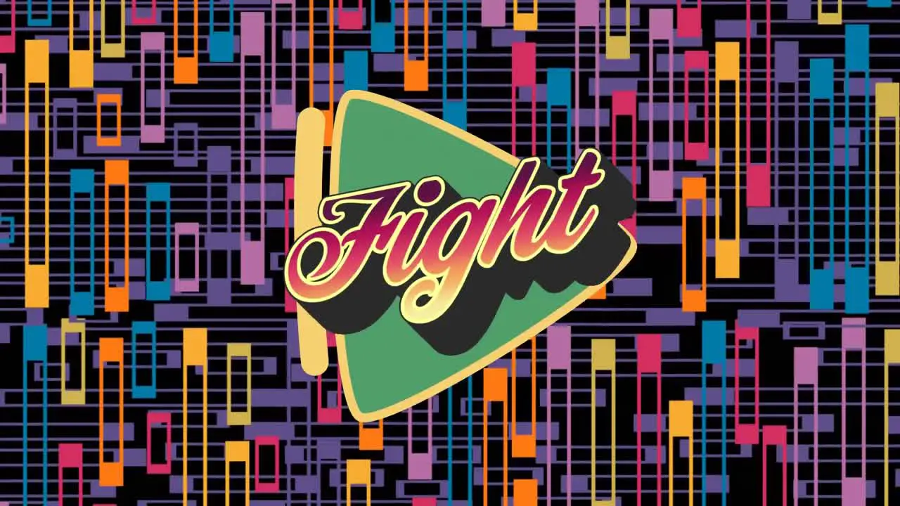 Animation of fight text in red on green play button over vibrant patterned background