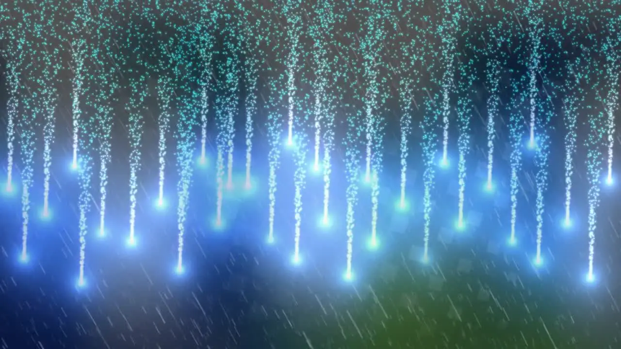 Animation of rain over fireworks on blue background