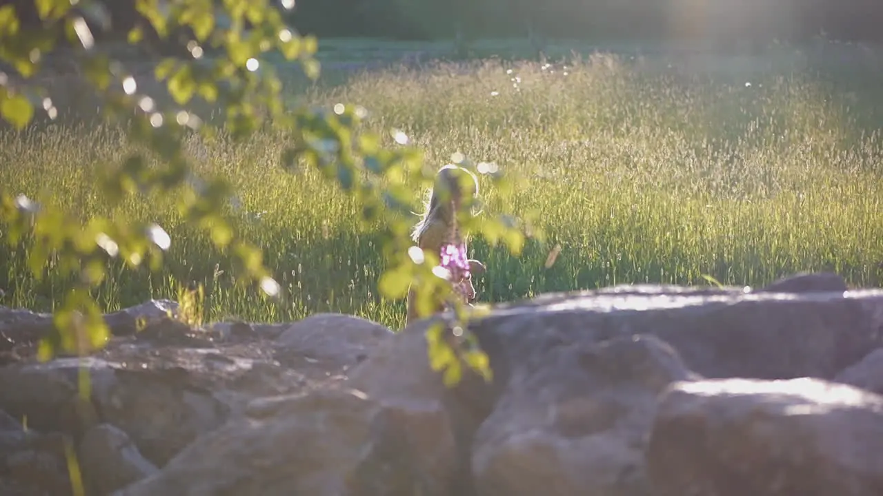 Happy Smiling girl running across summer field behind old stone wall slow motion Carefree childhood concept