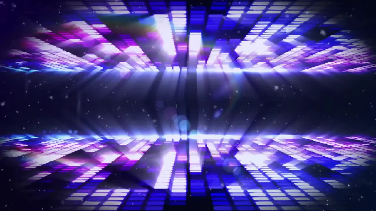 Animation of snow falling over glowing purple music equalizer