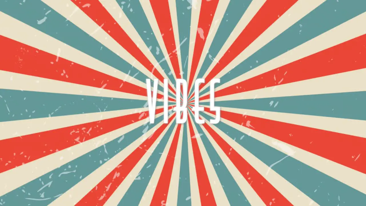 Animation of vibes text in white letters over spinning red cream and blue retro stripes