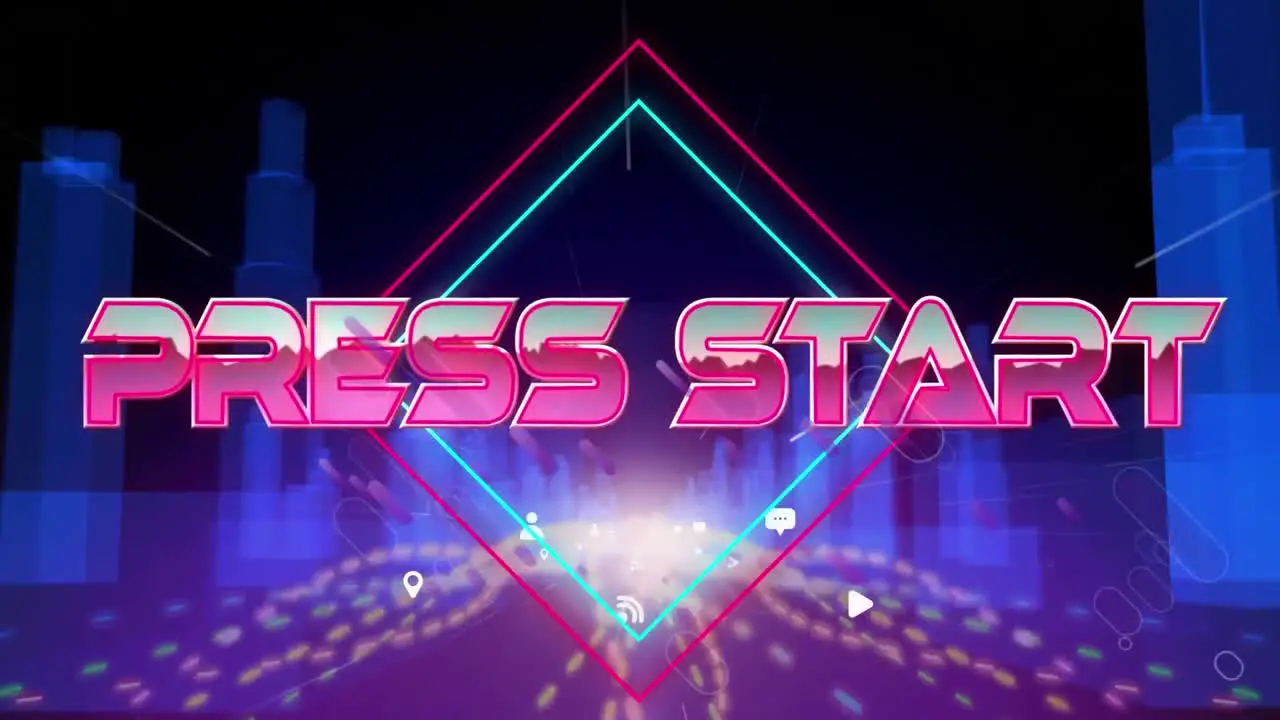 Animation of press start text in metallic pink letters over cityscape and grid