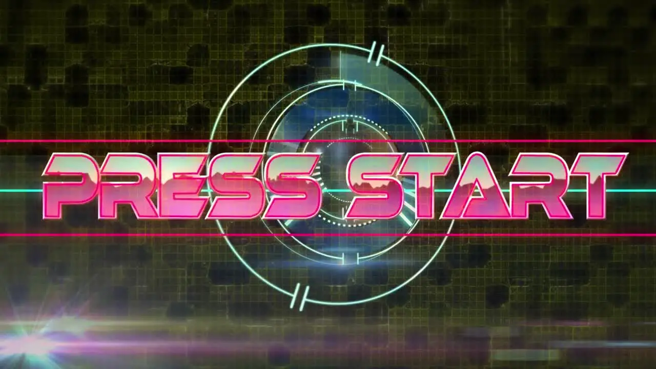 Animation of press start text in metallic pink letters over scope scanning