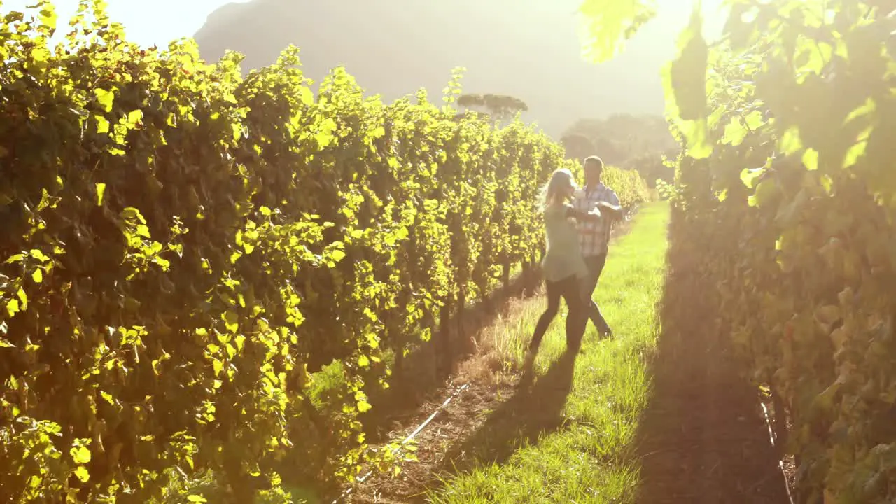 Smiling couple dancing between grapevine