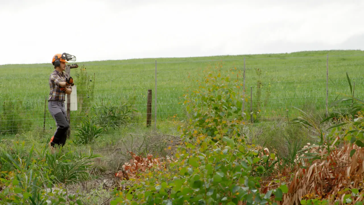 Lumberjack walking in green field 4k