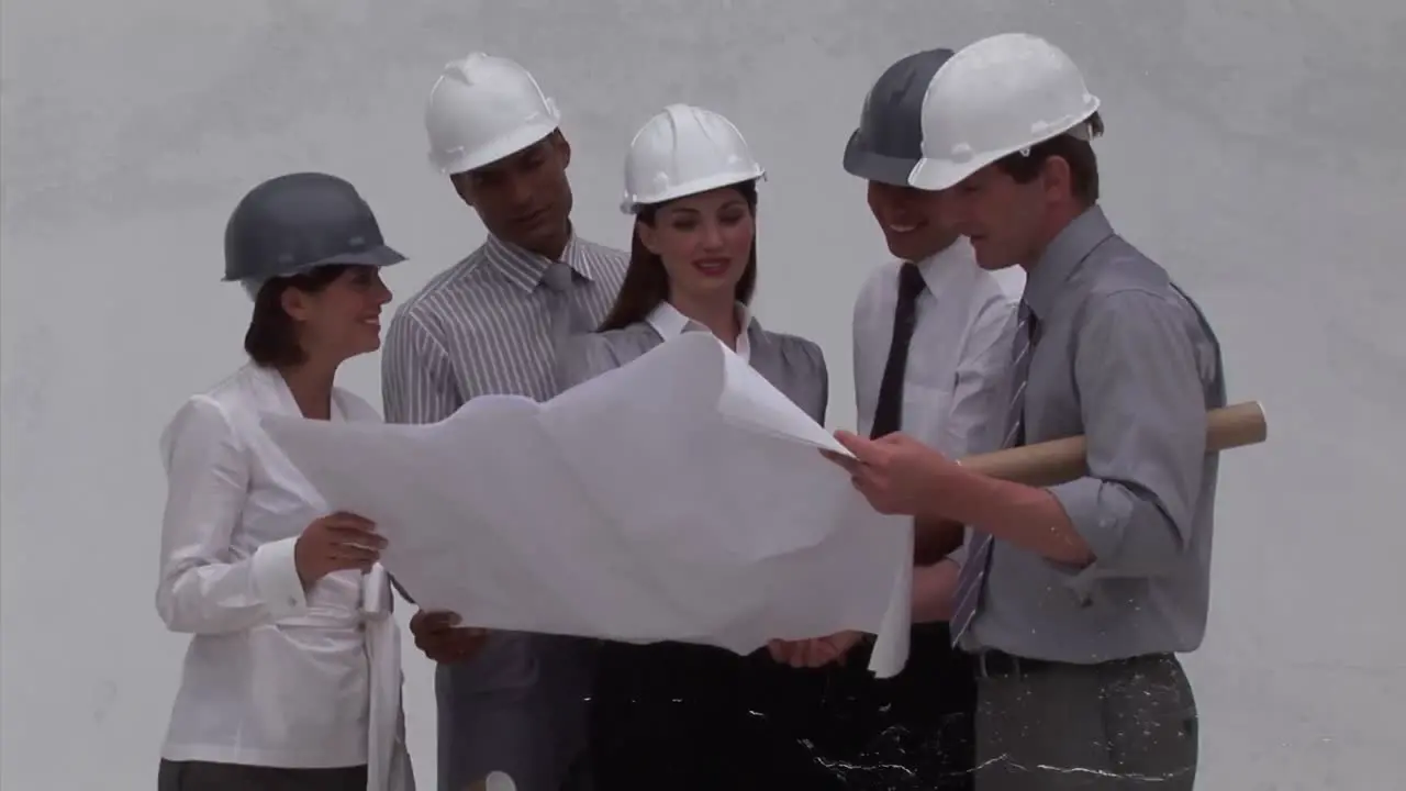 Animation of diverse architects with plans over grey background