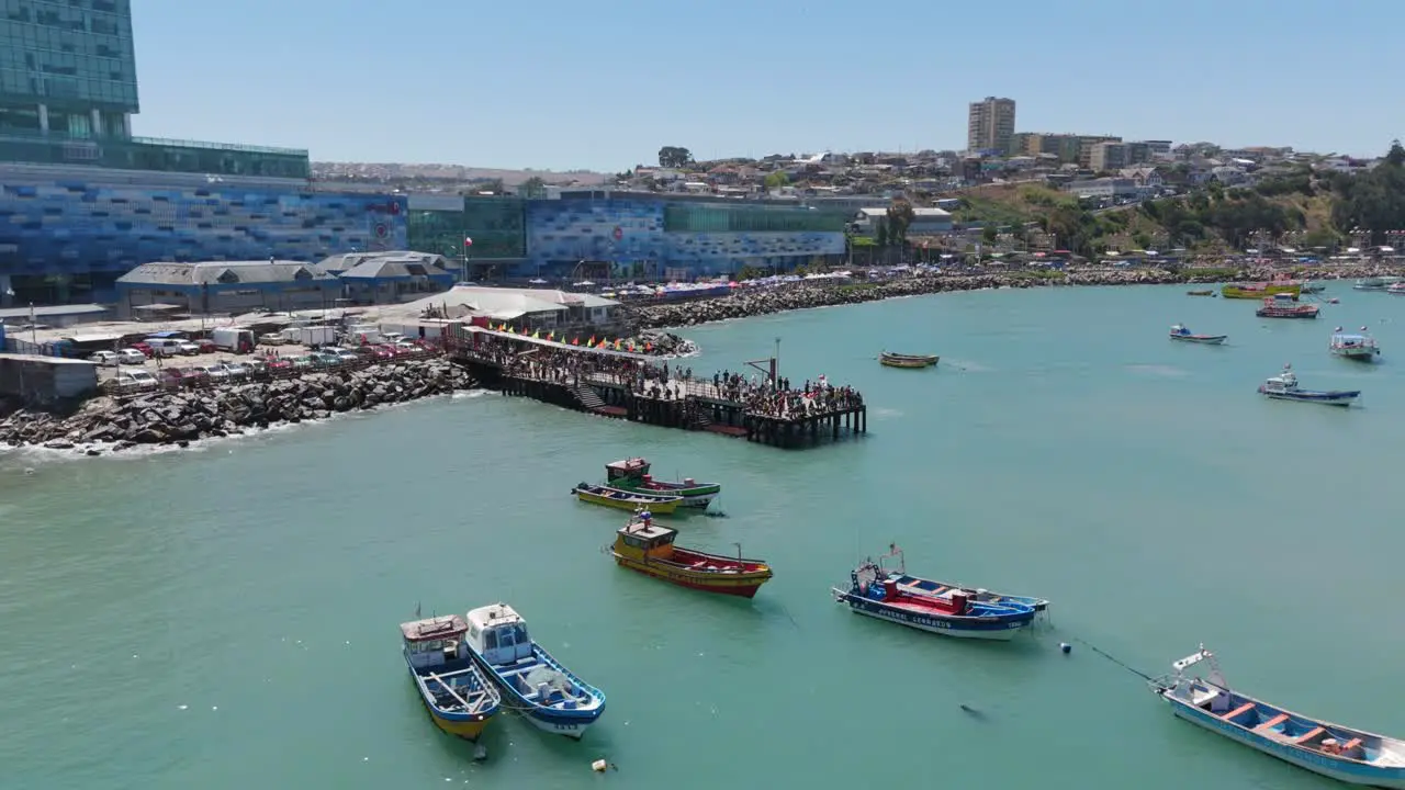 Fishing Boats Moored Off Pier Beside Muelle At San Antonio Port In Chile