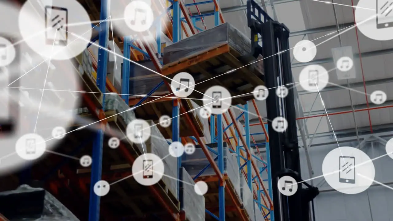 Animation of network of media icons over forklift truck and shelves warehouse