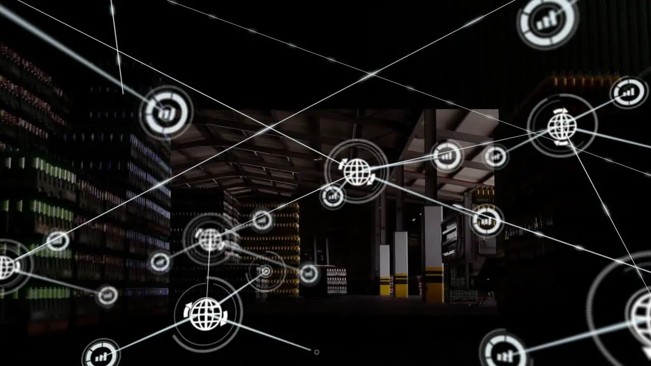 Animation of global communication network over goods warehouse at night