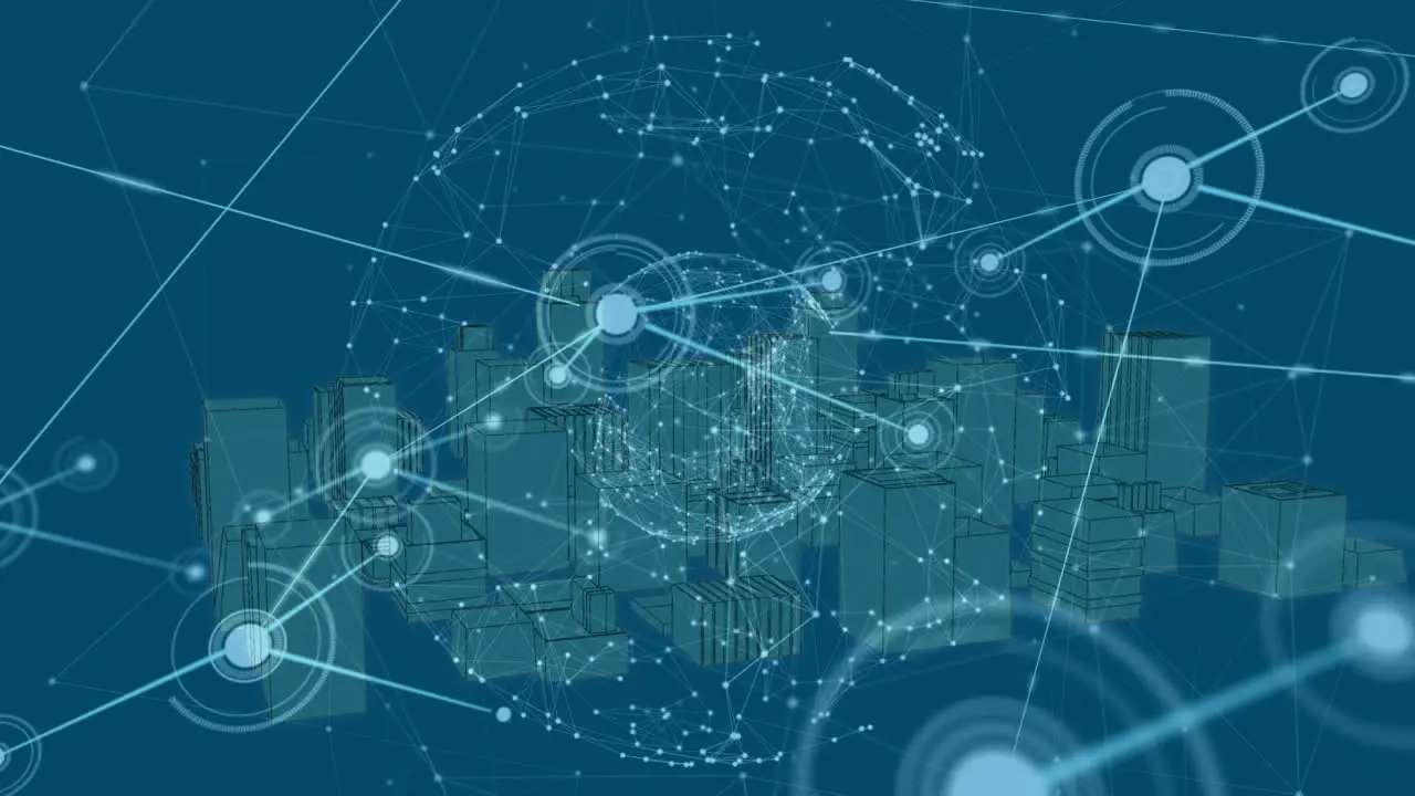 Animation of network connecting dots globe 3d urban financial sector on digital interface