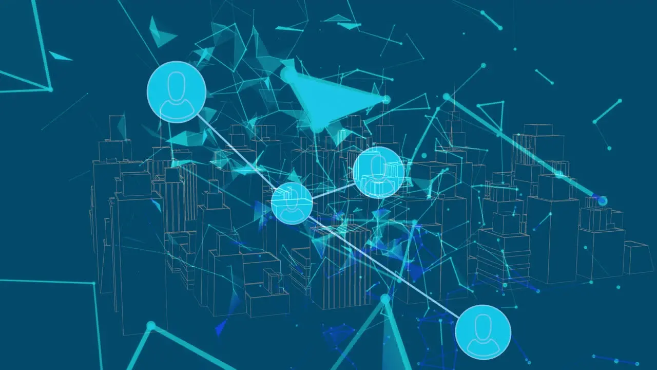 Animation of geometric shapes connecting dots with 3d urban city on digital interface