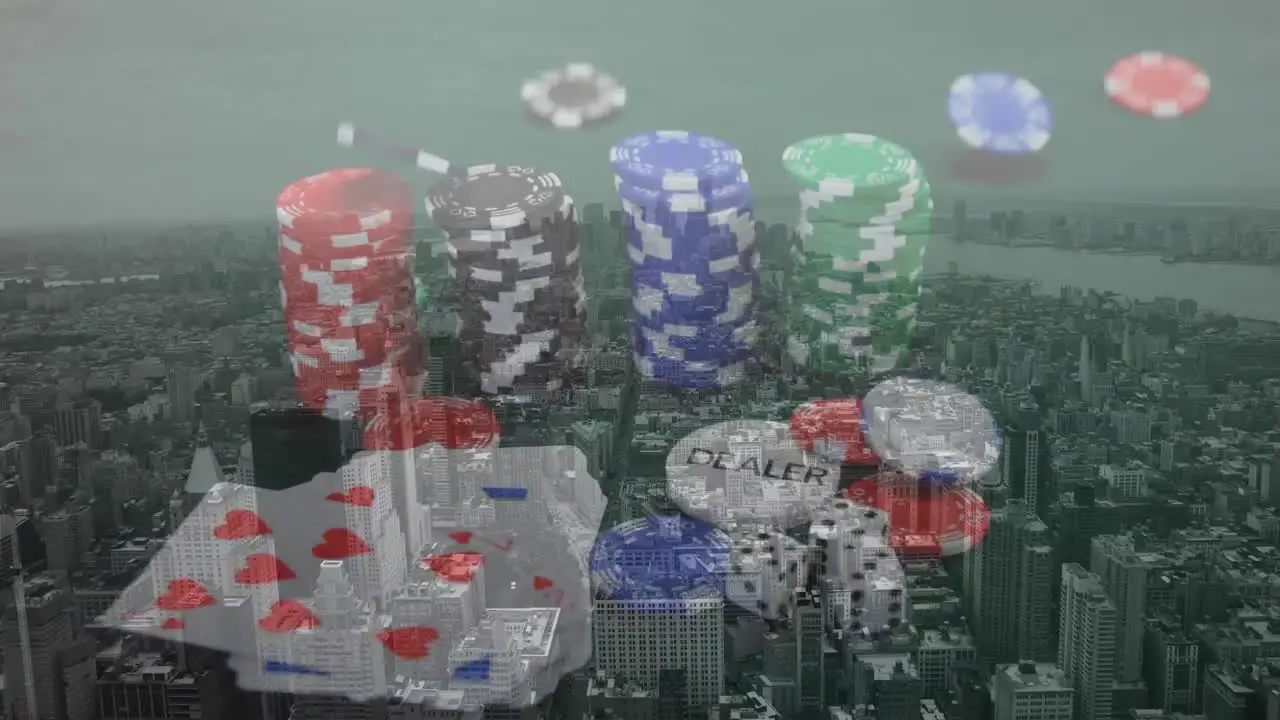 Animation of casino playing cards and chips over cityscape