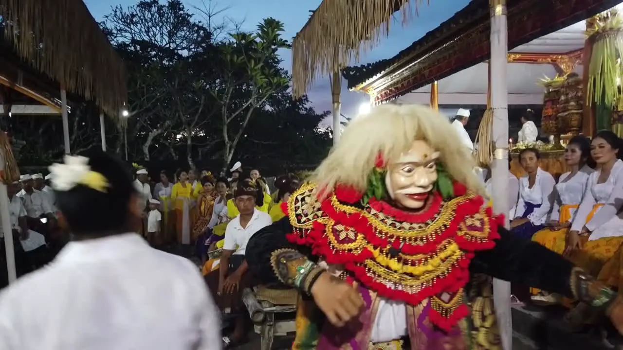 Balinese Hinduism Performance of Topeng Mask in Bali Temple Ceremony at Night Drama Character Moving Fast in Shamanic Trance