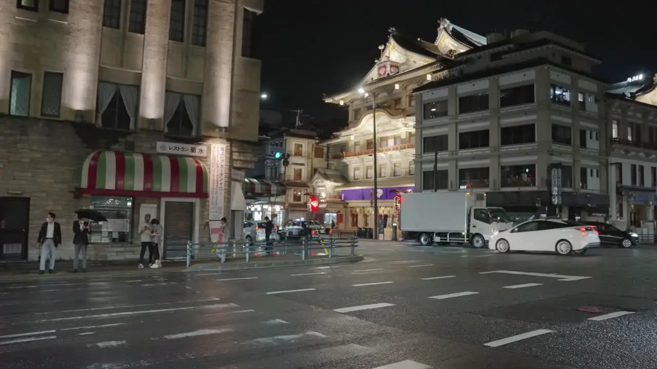 Kyoto Gion Streets at Night Kabuki Theater in Background of Streets