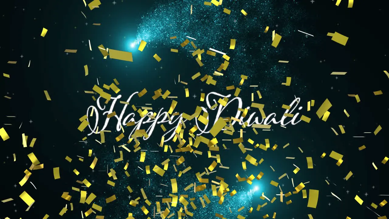 Animation of gold confetti falling over happy divali text and shooting stars on black background