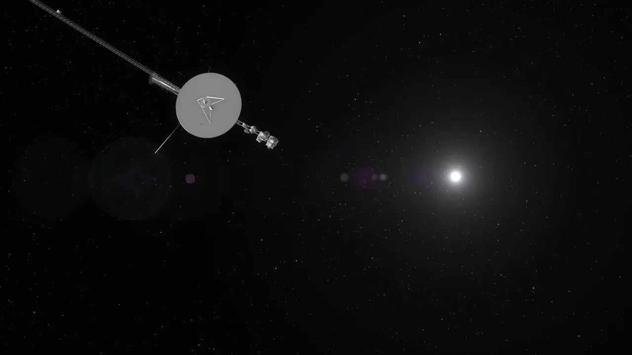 Voyager 1 Travelling to Past Rotating Camera Heading Towards Deep Space with Distant Sun Flare and Stars Background 4K