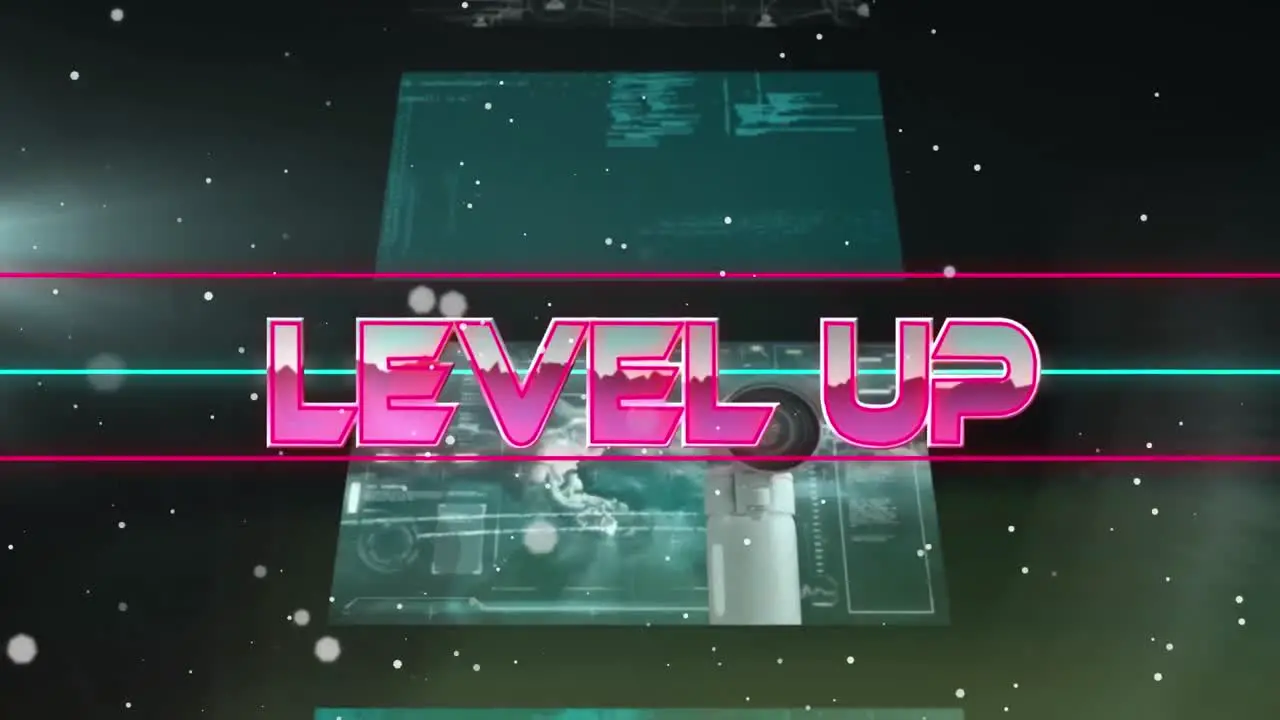 Animation of level up text in metallic pink letters over screens with data processing