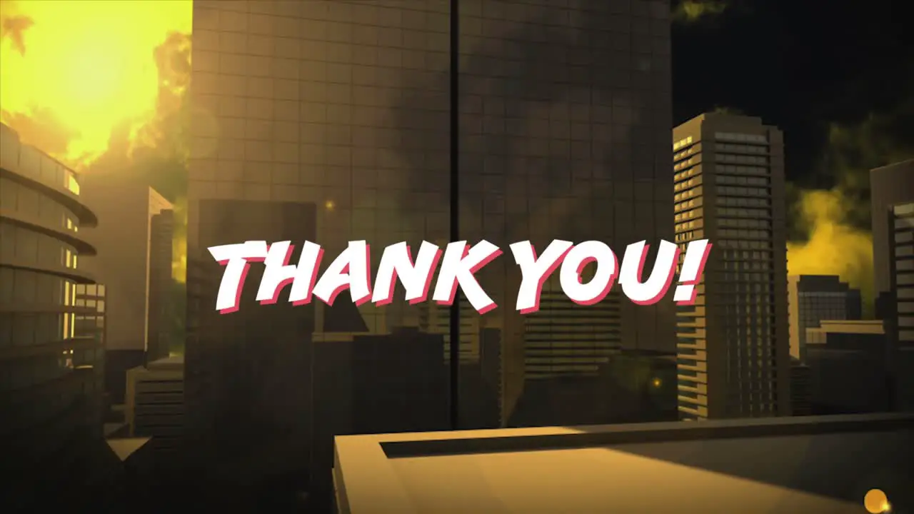 Animation of thank you over skyscrapers in yellow