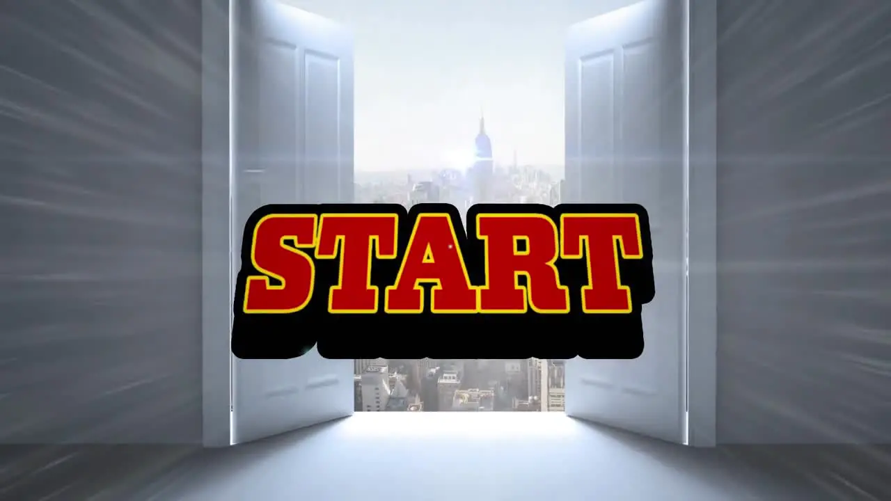 Animation of start text in red letters over opened door showing cityscape