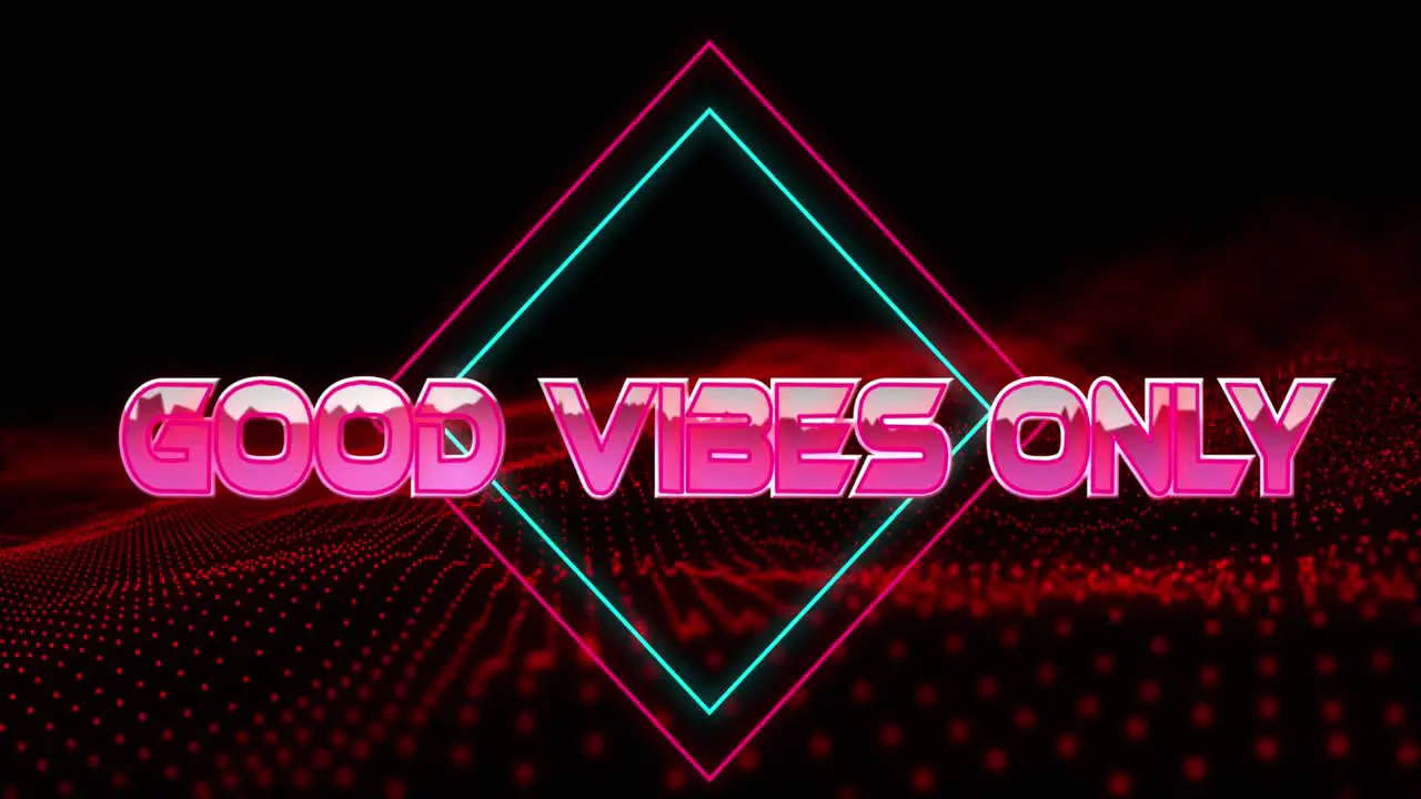 Animation of good vibes only text in metallic pink letters with diamonds over mesh