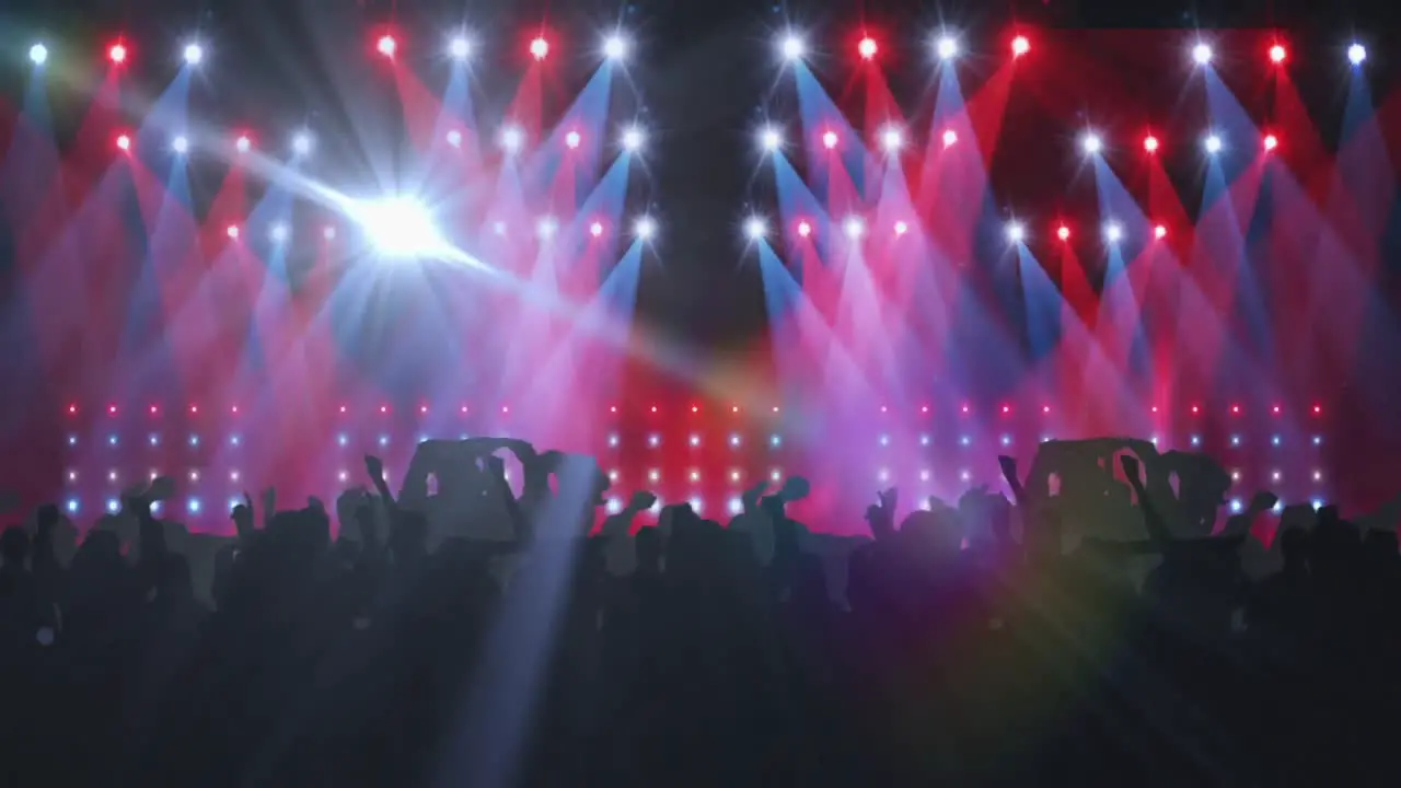 Animation of people dancing in club music venue with glowing spotlights