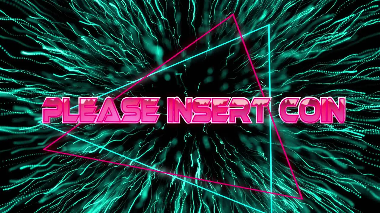 Animation of please insert coin text in metallic pink letters with triangles over fireworks