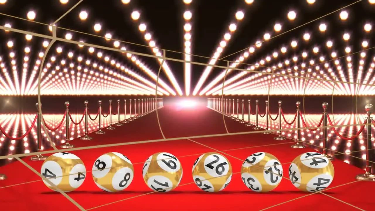 Animation of lottery balls over lights and red carpet