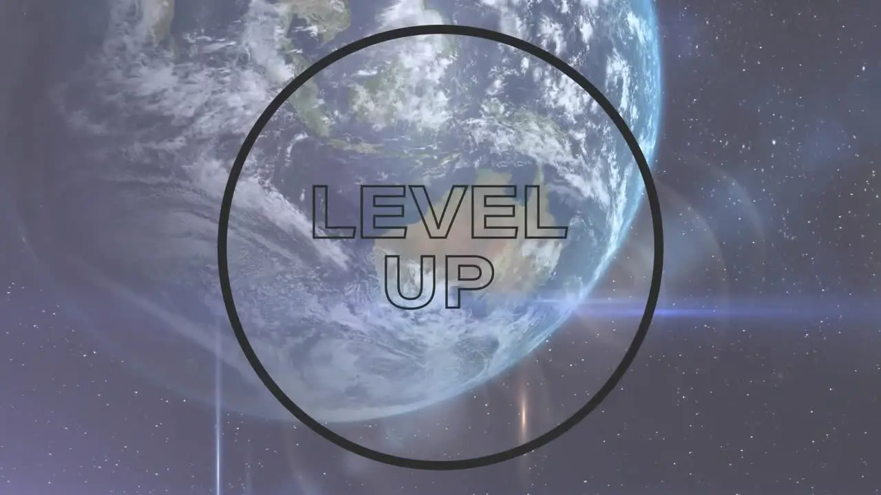 Animation of level up text in black circle frame over earth and universe