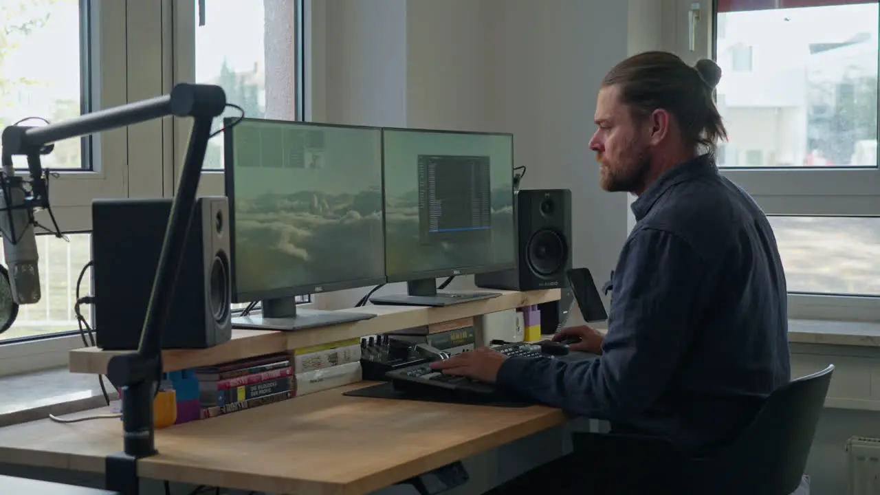 Dive into a modern work scene as a ponytailed man focuses on his computer at the desk