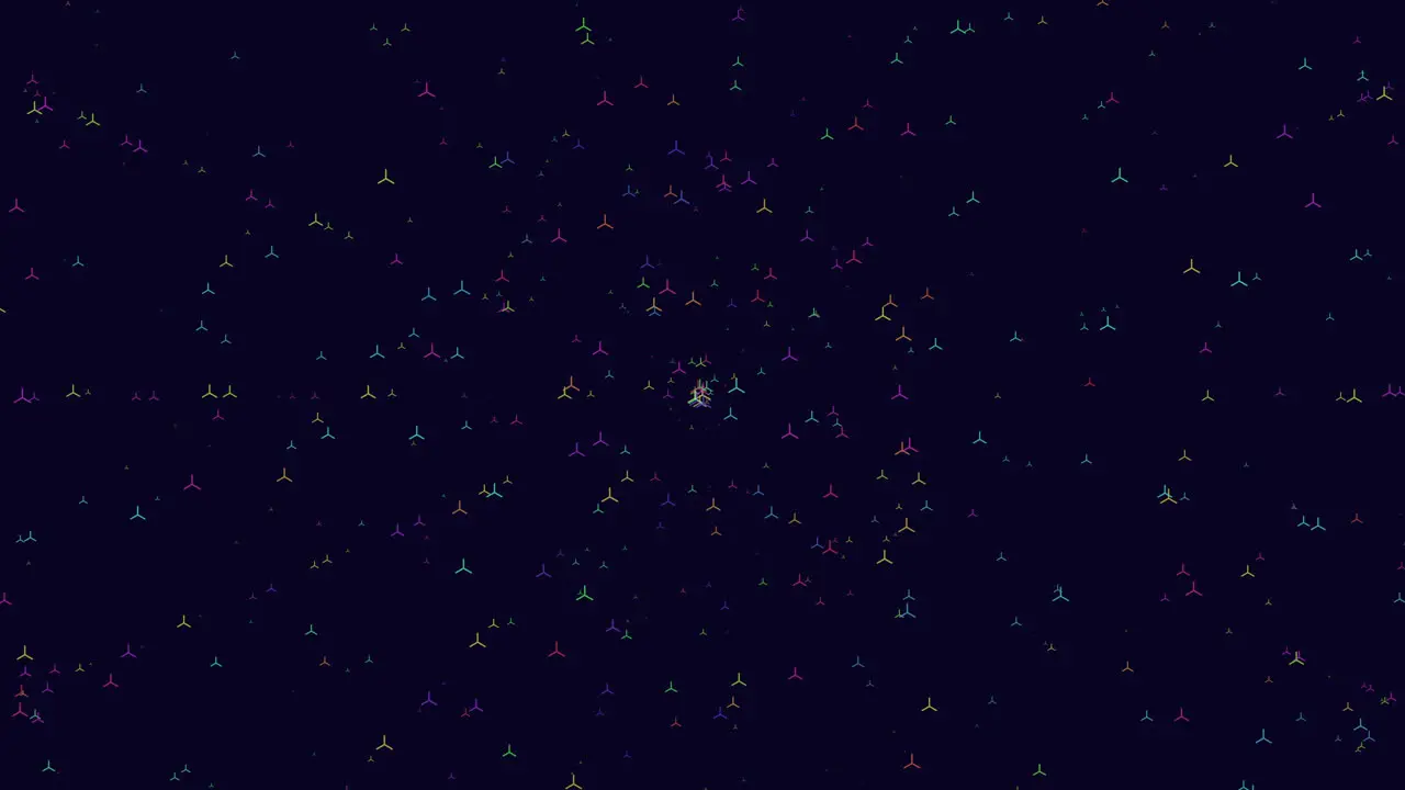 Circular array of colorful floating dots on black background