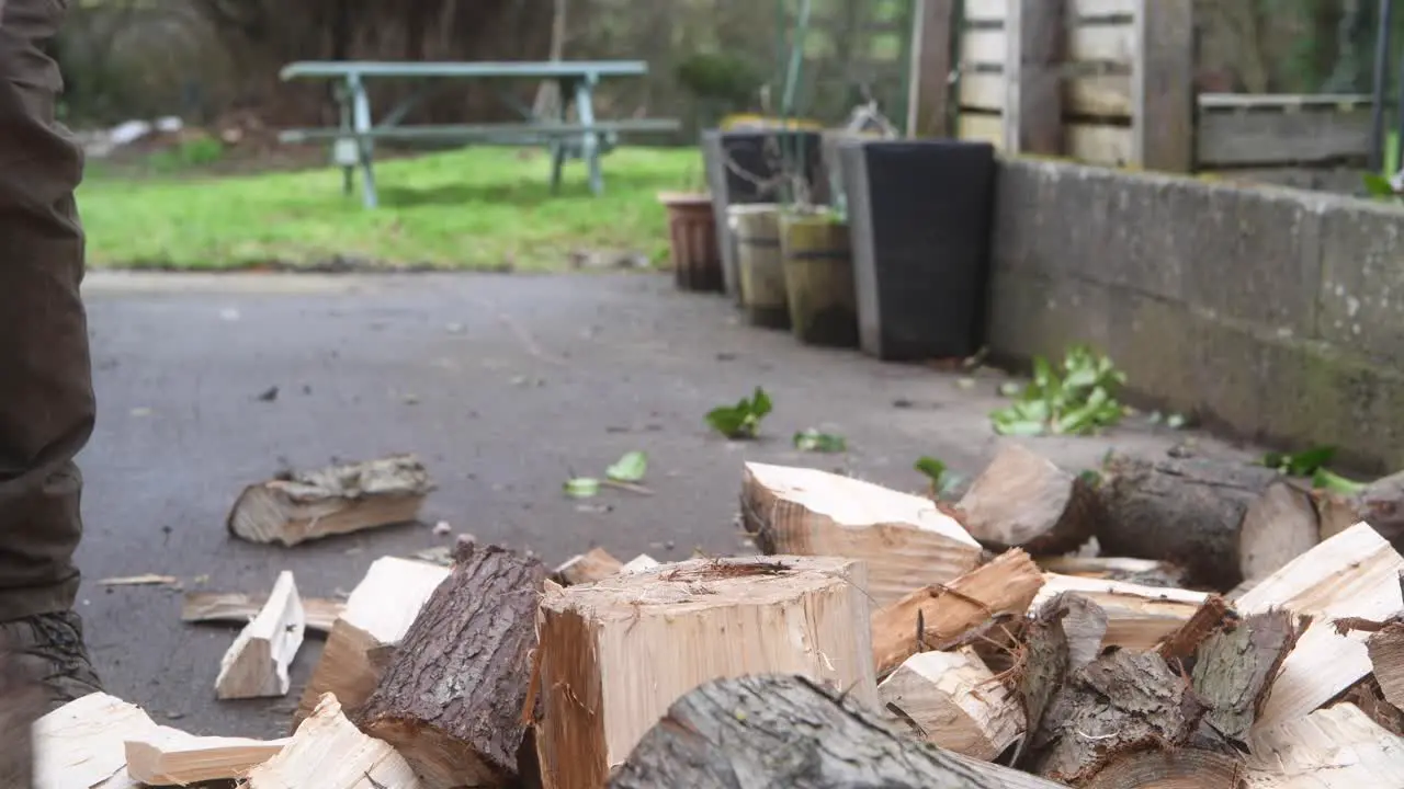 Chopping some wood for the fire with a sharp axe at home in the back yard garden