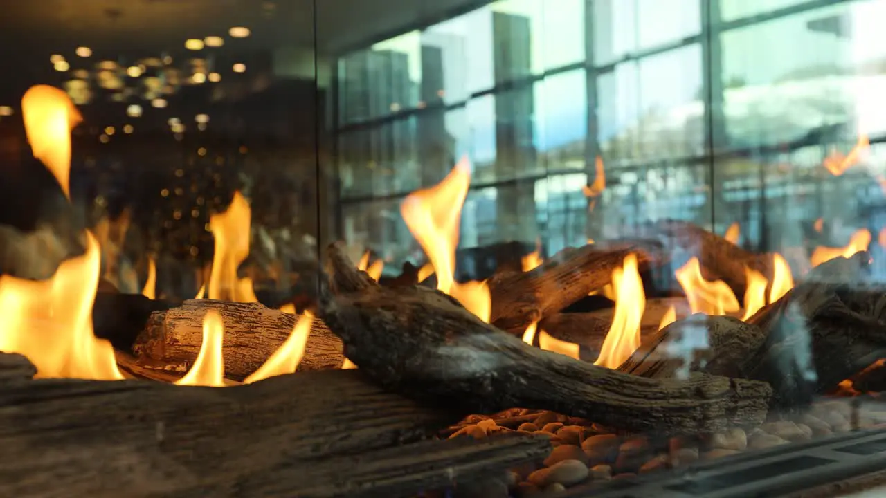 Flames from Gas Fireplace in Fancy Glass Display Closeup