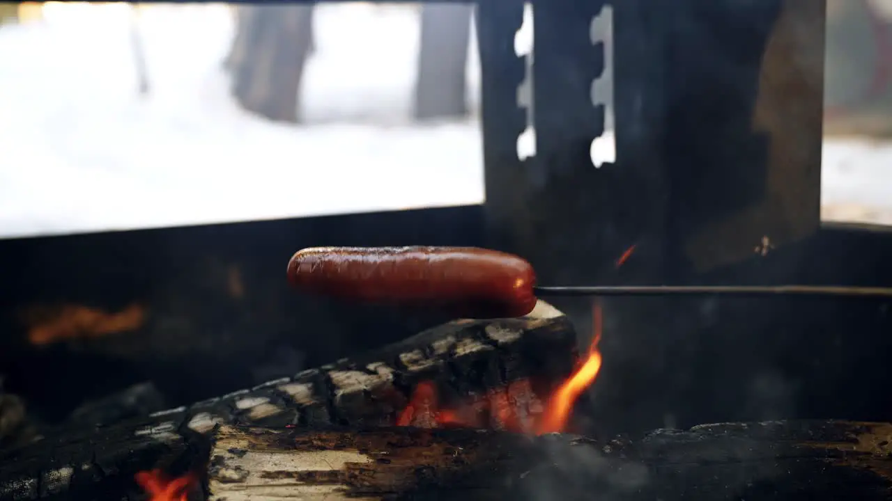 Roasting two hot dogs on a camp fire