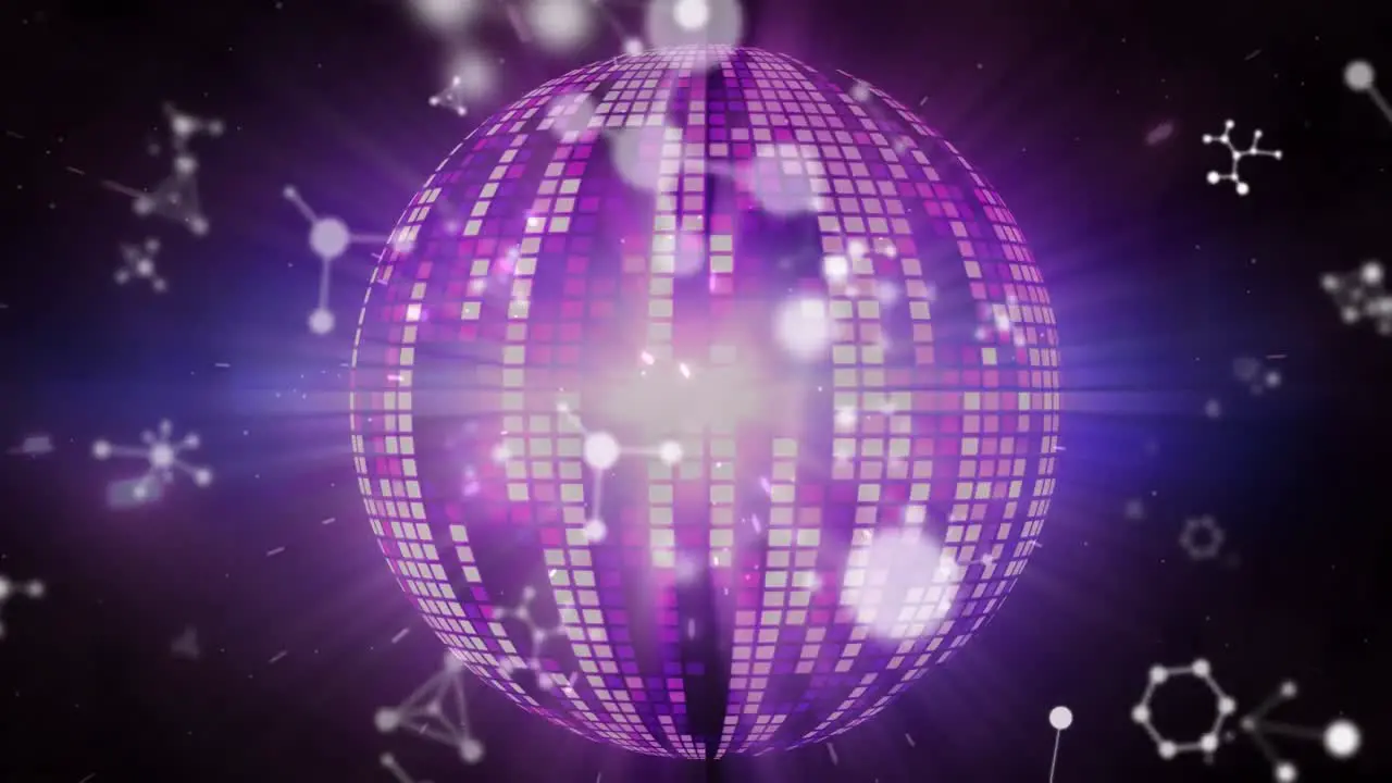 Animation of flying molecules over purple mirror ball