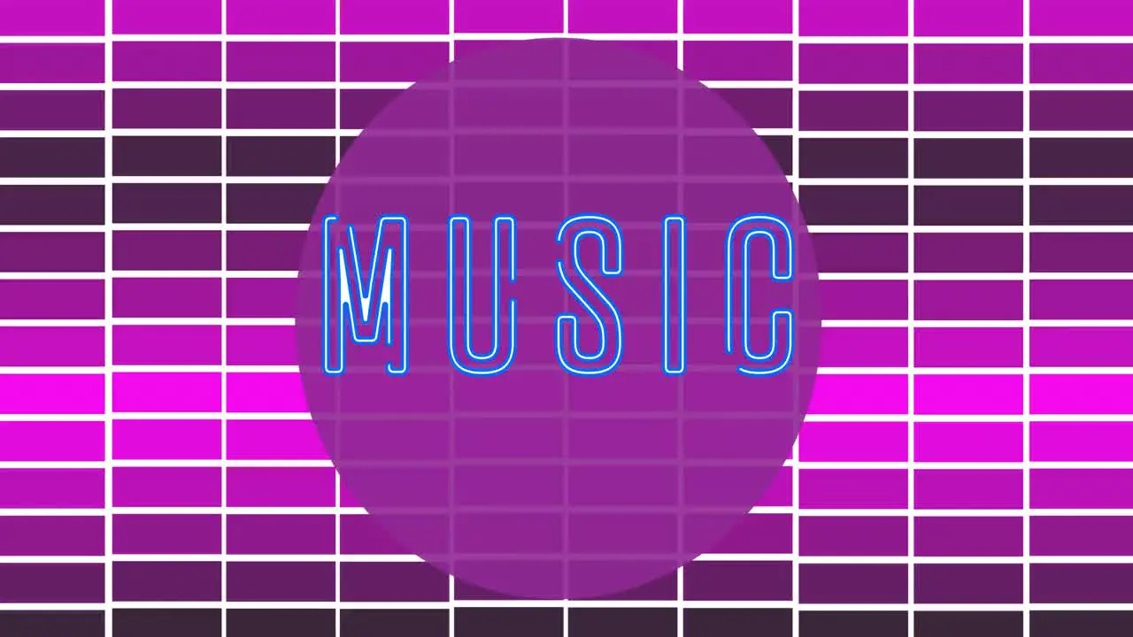 Animation of miusic time text over grid on purple background