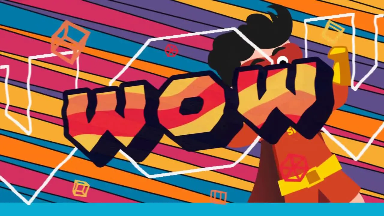 Animation of wow text in red orange and yellow letters over retro superhero and stripes