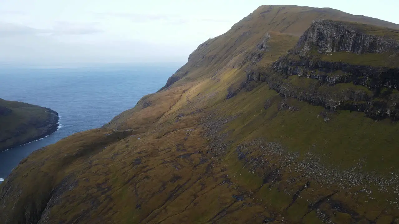 Drone footage of the ocean with cliffs near the Saksun village on the Streymoy island in the Faroe Islands