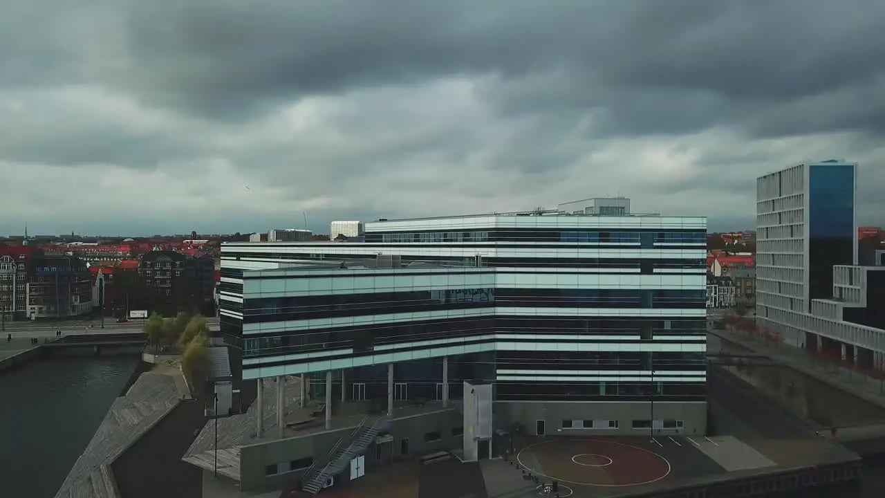 Drone footage of building in Aarhus Denmark