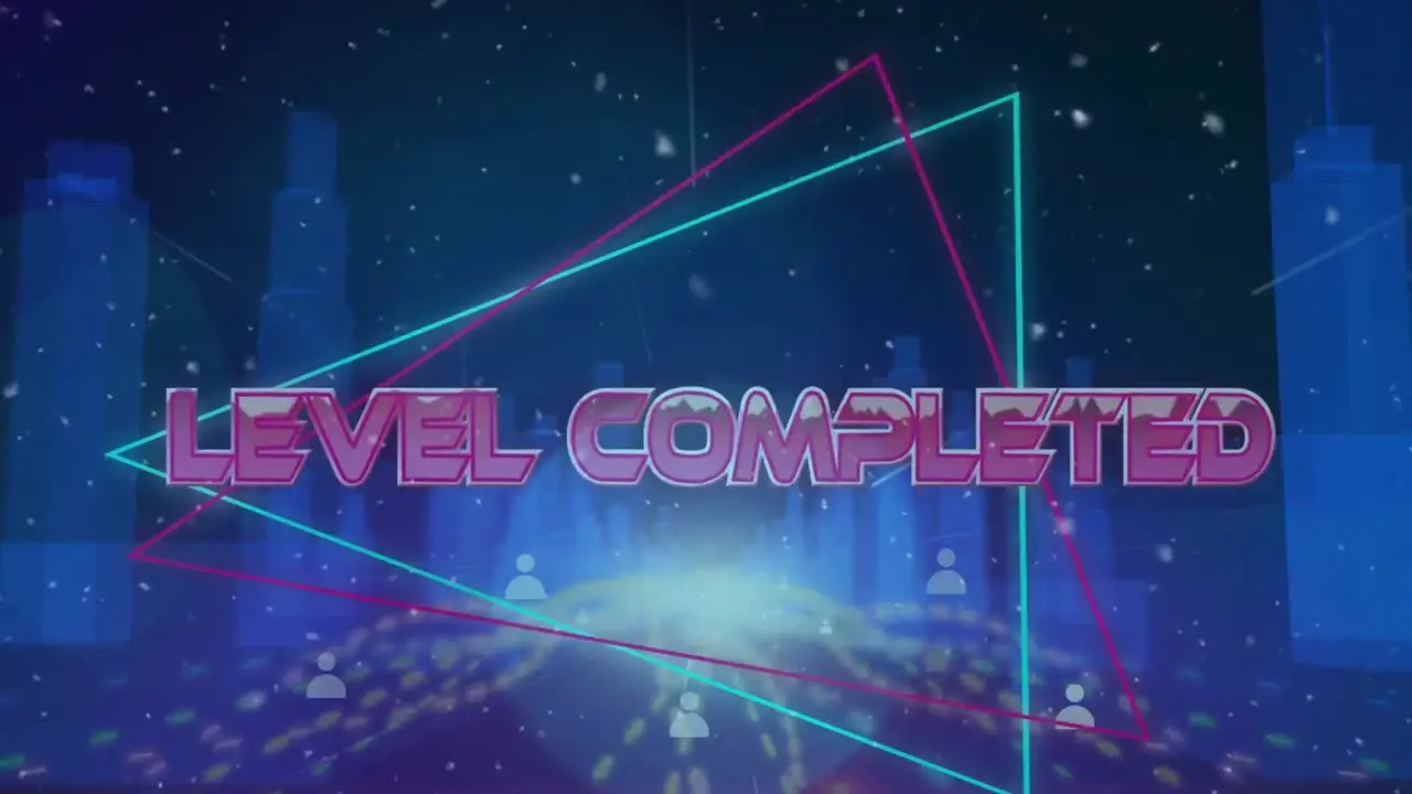 Animation of level completed text in metallic pink letters over cityscape and grid