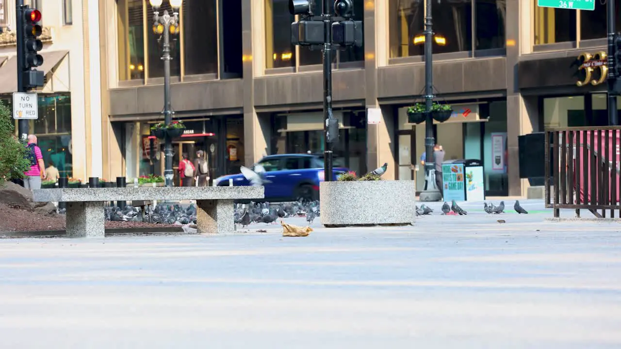 timelapse of an older man in the background using his phone while commuters are walking past the scene