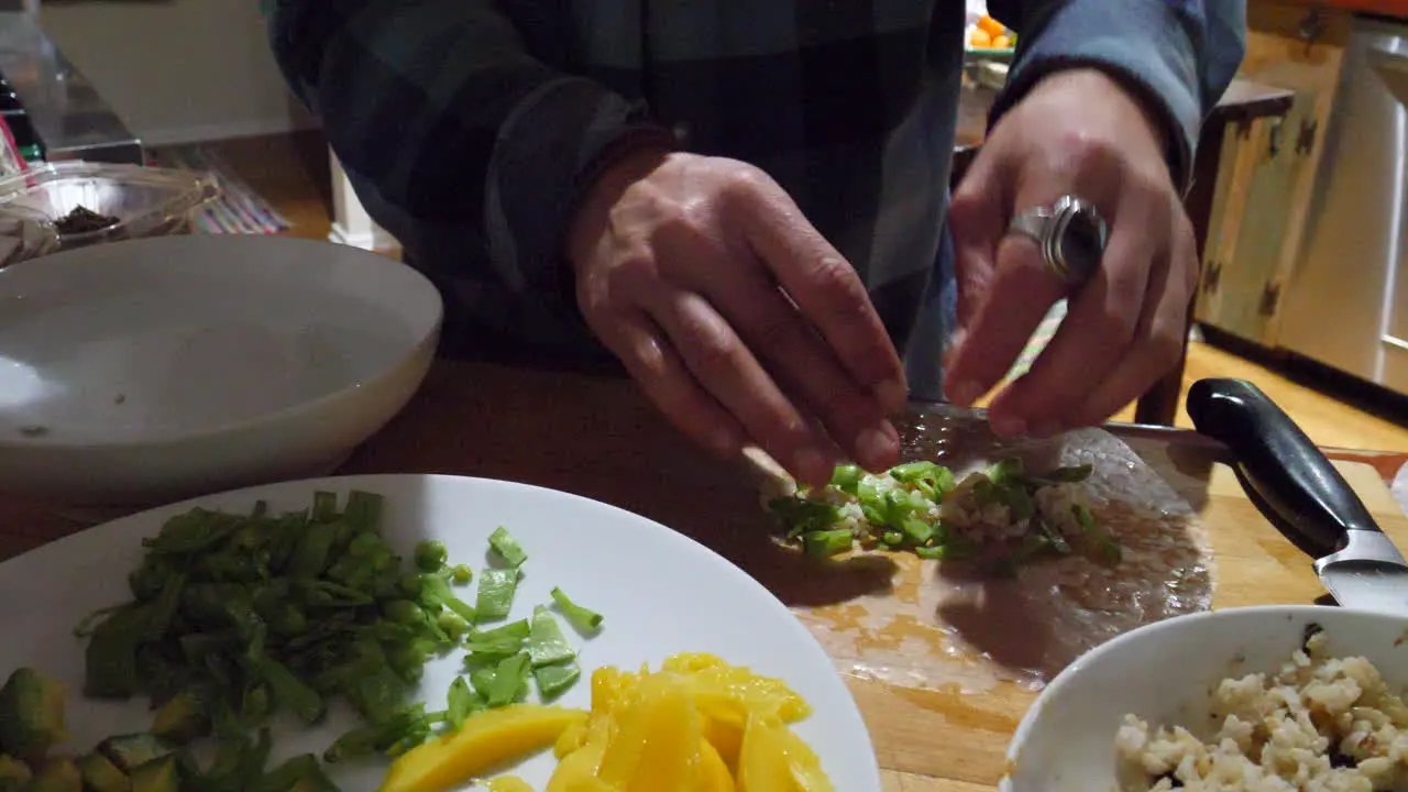 A chef preparing vegan asian spring rolls with vegan ingredients and vegetables in a kitchen for dinner