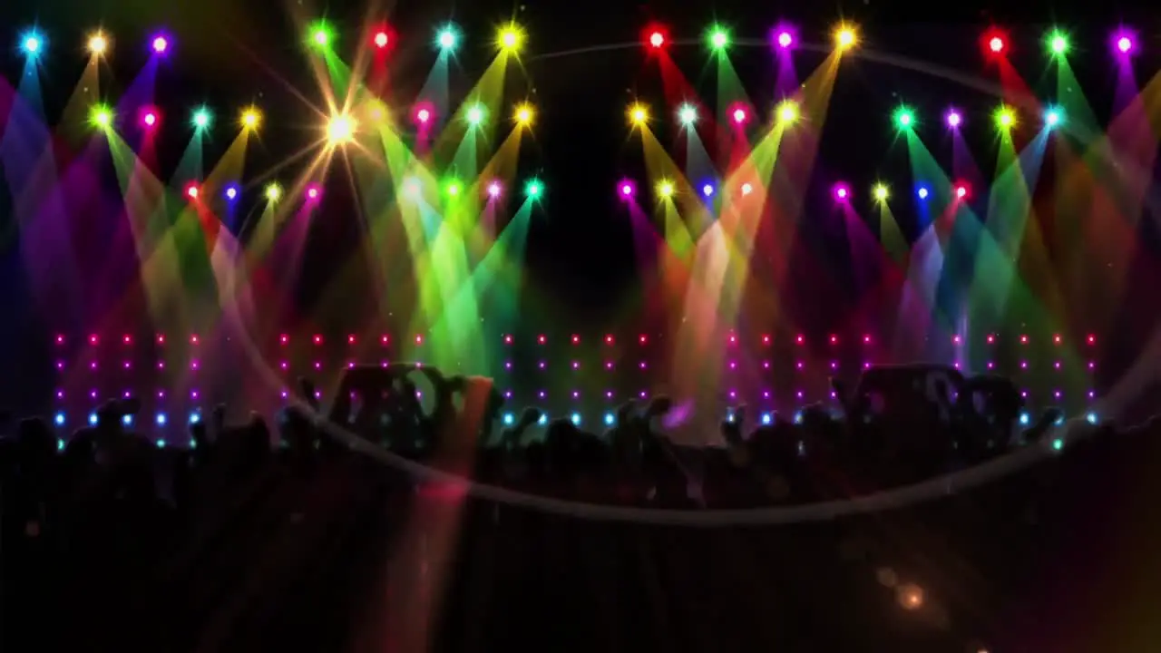 Animation of people dancing in club music venue with moving glowing spotlights