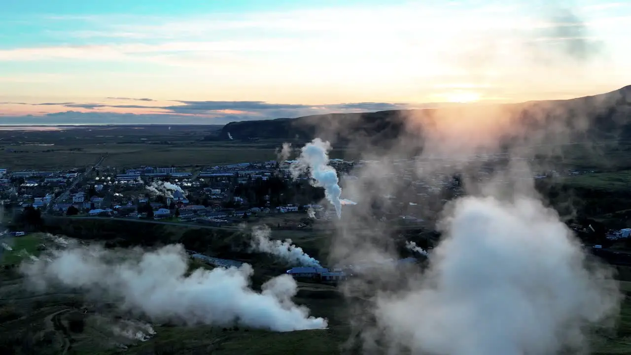 Hot Springs And Town Of Hveragerdi In South Iceland During Sunset Aerial Drone Shot