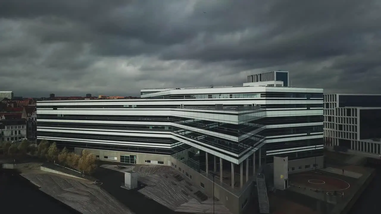 Ariel video of building in Aarhus Denmark