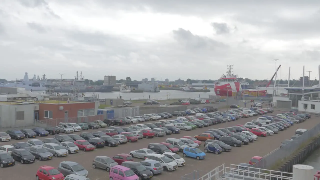 High Shot of a Vessel and a parkinglot in a port