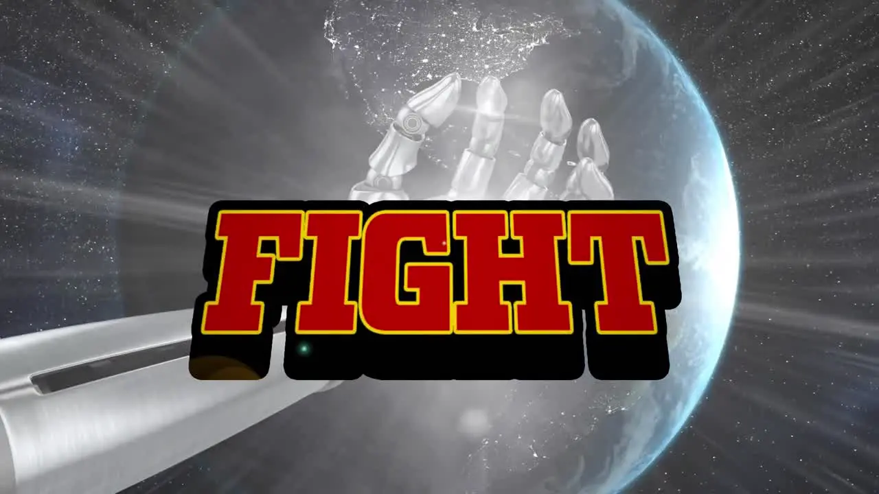 Animation of fight text in red letters over robot's hand and globe