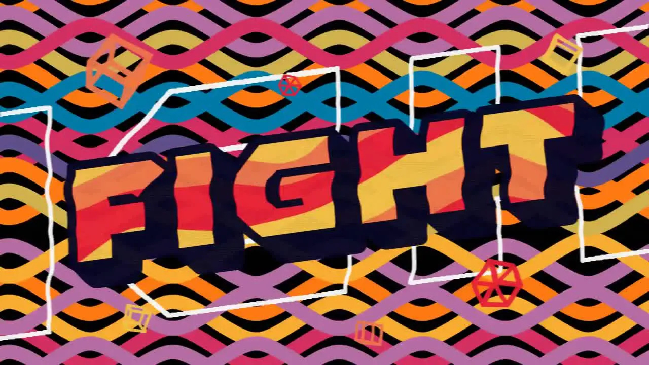 Animation of fight text in red orange and yellow over vibrant patterned background