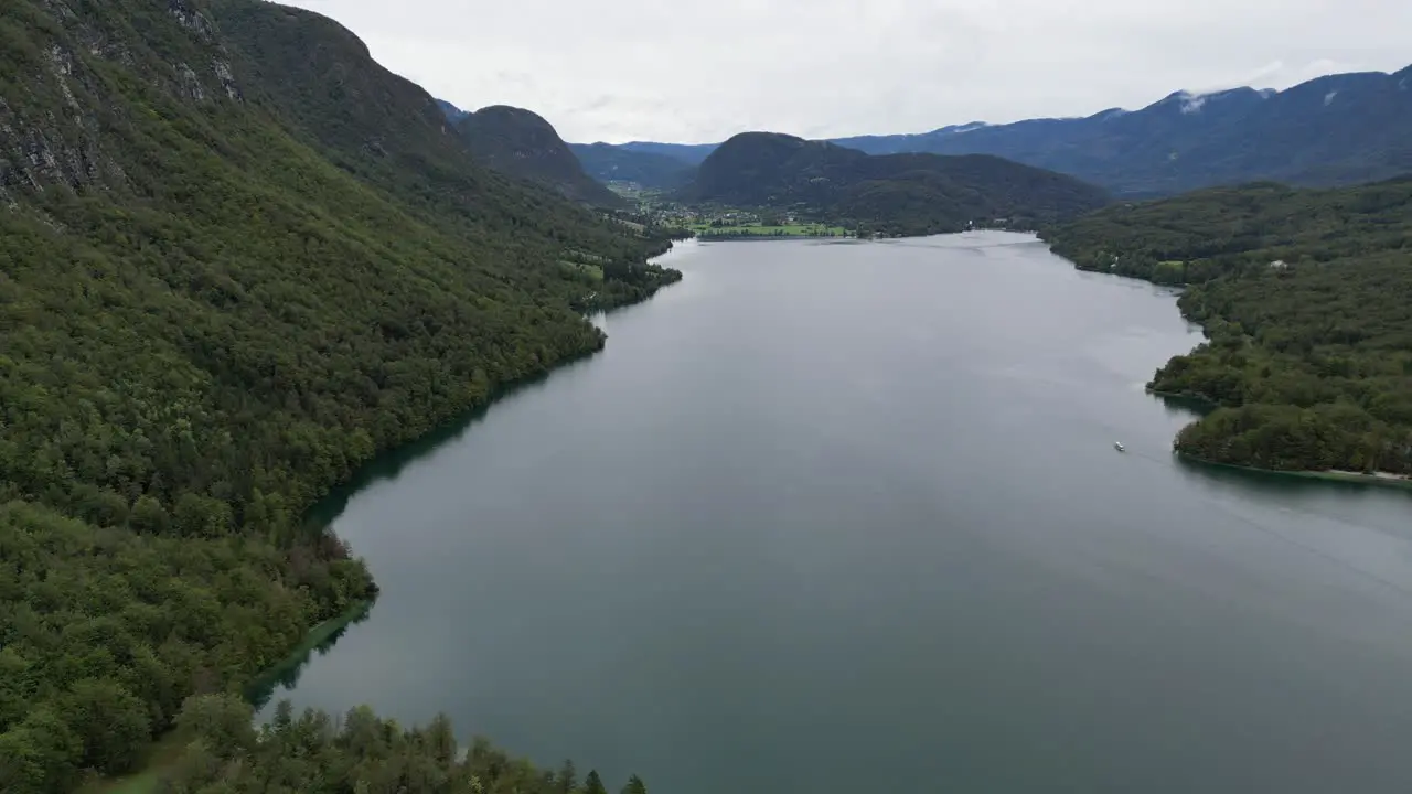 Lake Bohinj Slovenia high drone aerial view