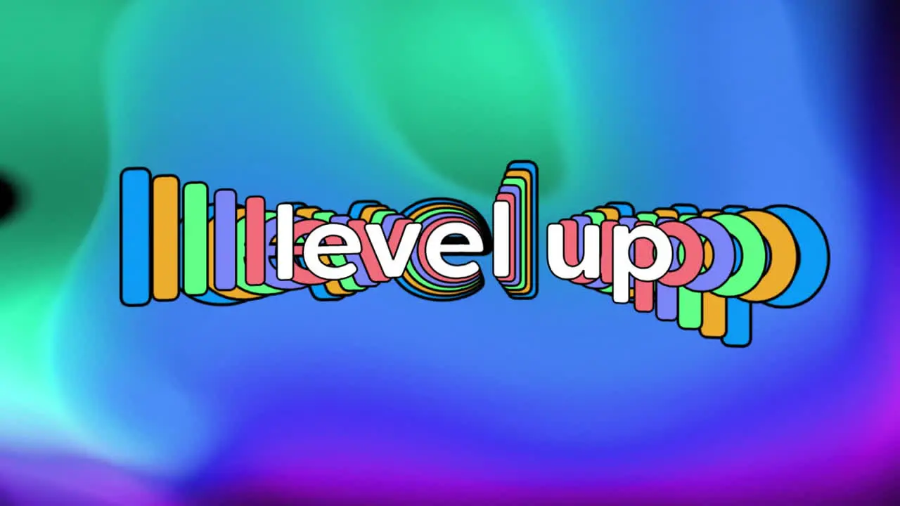 Animation of rainbow level up text over neon pattern background